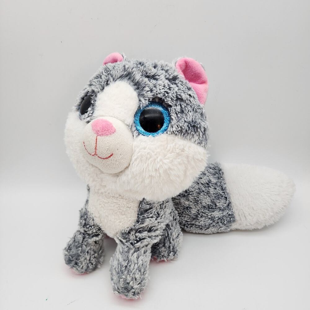 Fluffy Gray Cat Fox Stuffed Plush 12" Bushy Tail Blue Sparkle Eyes Kuschelfreund
